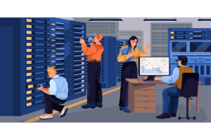 People working in a server room