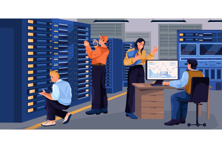 People working in a server room