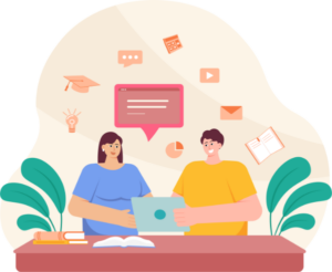 Two people behind a desk in conversation.